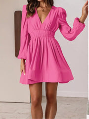 Hot Pink V-neck mini dress with puff sleeves and elastic waist, A-line skirt.