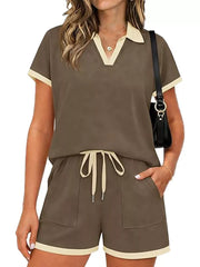 Brown polo collar two-piece set with drawstring shorts and contrast trim.