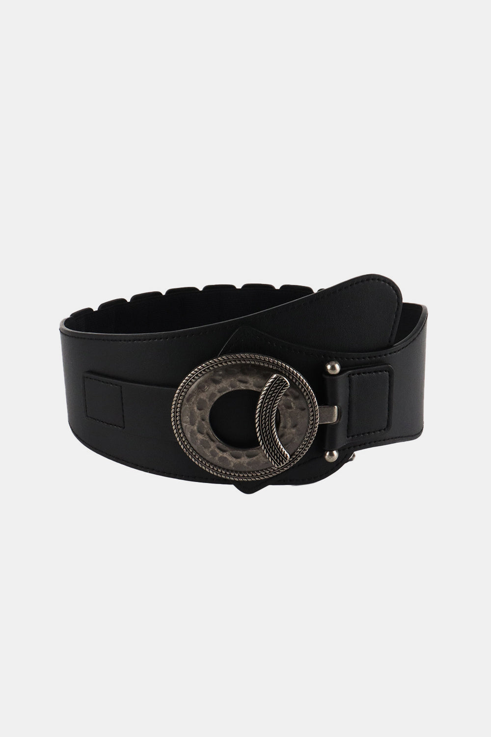 Black wide waist belt with sculpted alloy buckle and textured detail