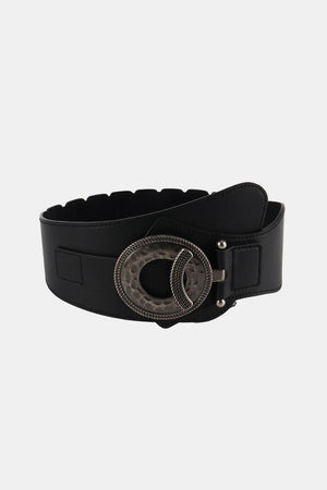 Black wide waist belt with sculpted alloy buckle and textured detail
