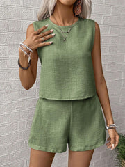 Matcha green textured linen tank top and shorts set with a relaxed fit.