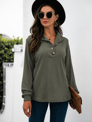 Button Chic Long Sleeve Tee in Army Green with waffle knit and button detail