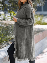 Gray textured fringe maxi cardigan with pockets and open front.