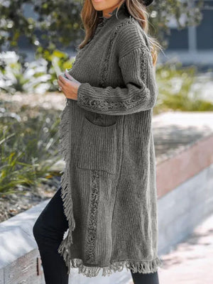 Gray textured fringe maxi cardigan with pockets and open front.