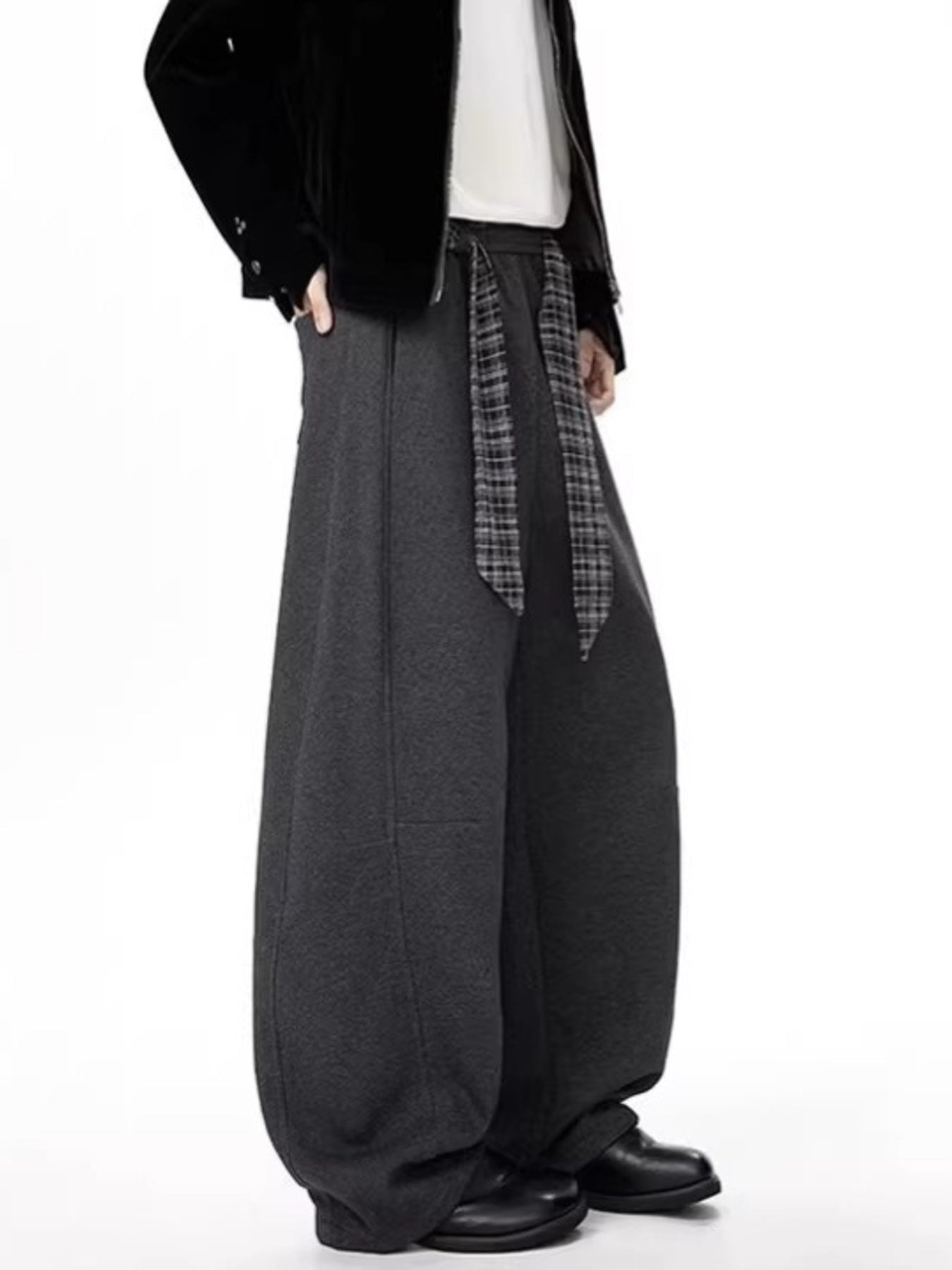 Men's gray relaxed fit wide-leg sweatpants with a plaid tie belt.