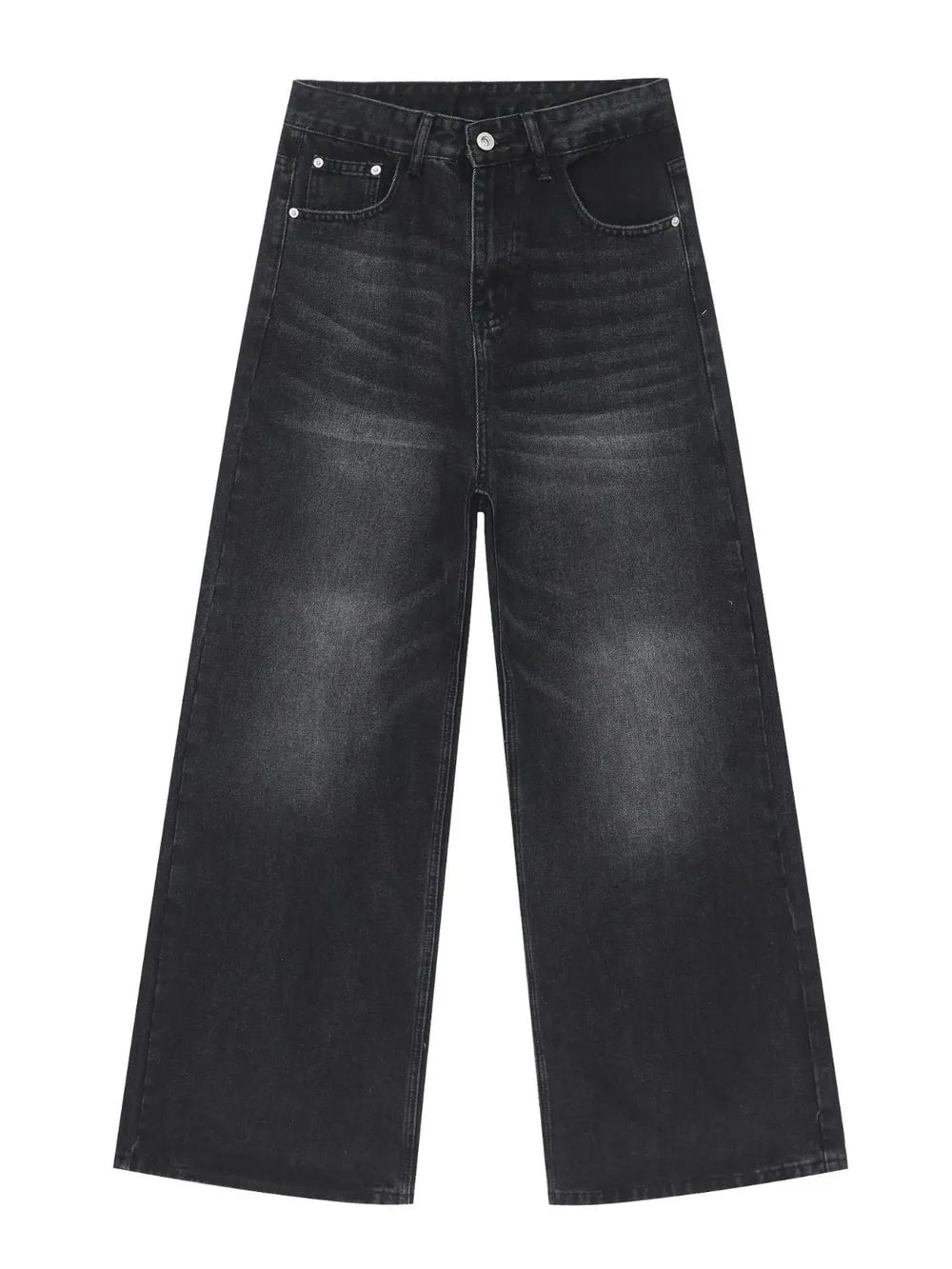 Black denim palazzo trousers with a buttoned waist and wide leg.