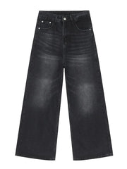 Black denim palazzo trousers with a buttoned waist and wide leg.