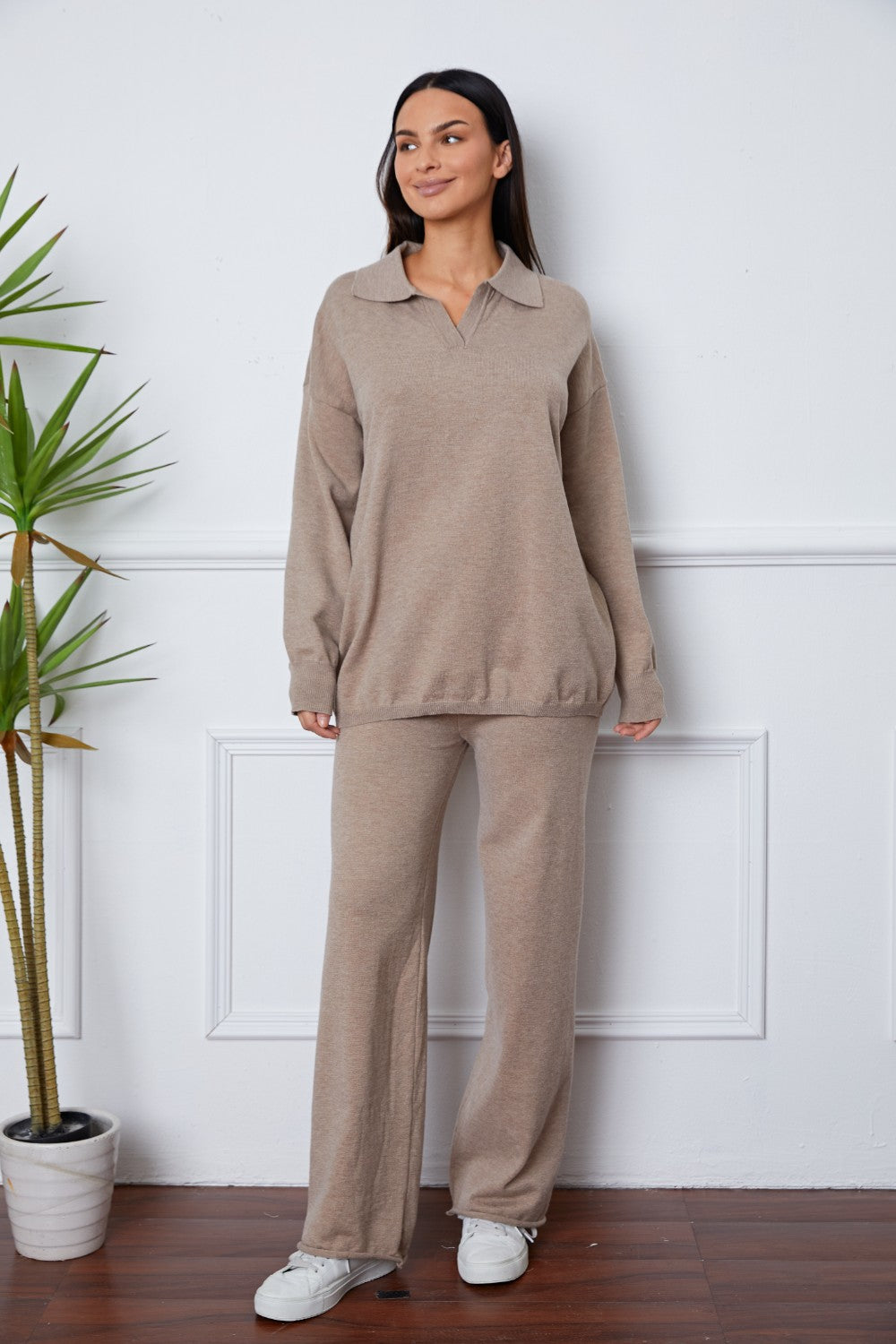 Relaxed knit polo co-ord set in Khaki with a collared neckline and wide-leg pants.