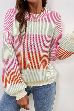 Ribbed stripe knit sweater with balloon sleeves in pink, orange, and mint green stripes.