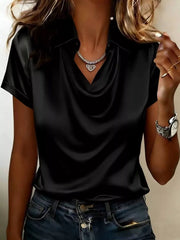 Black satin cowl neck shirt with short sleeves and a collared neckline.