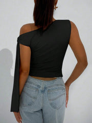 Black asymmetrical tie detail cropped blouse with one long sleeve