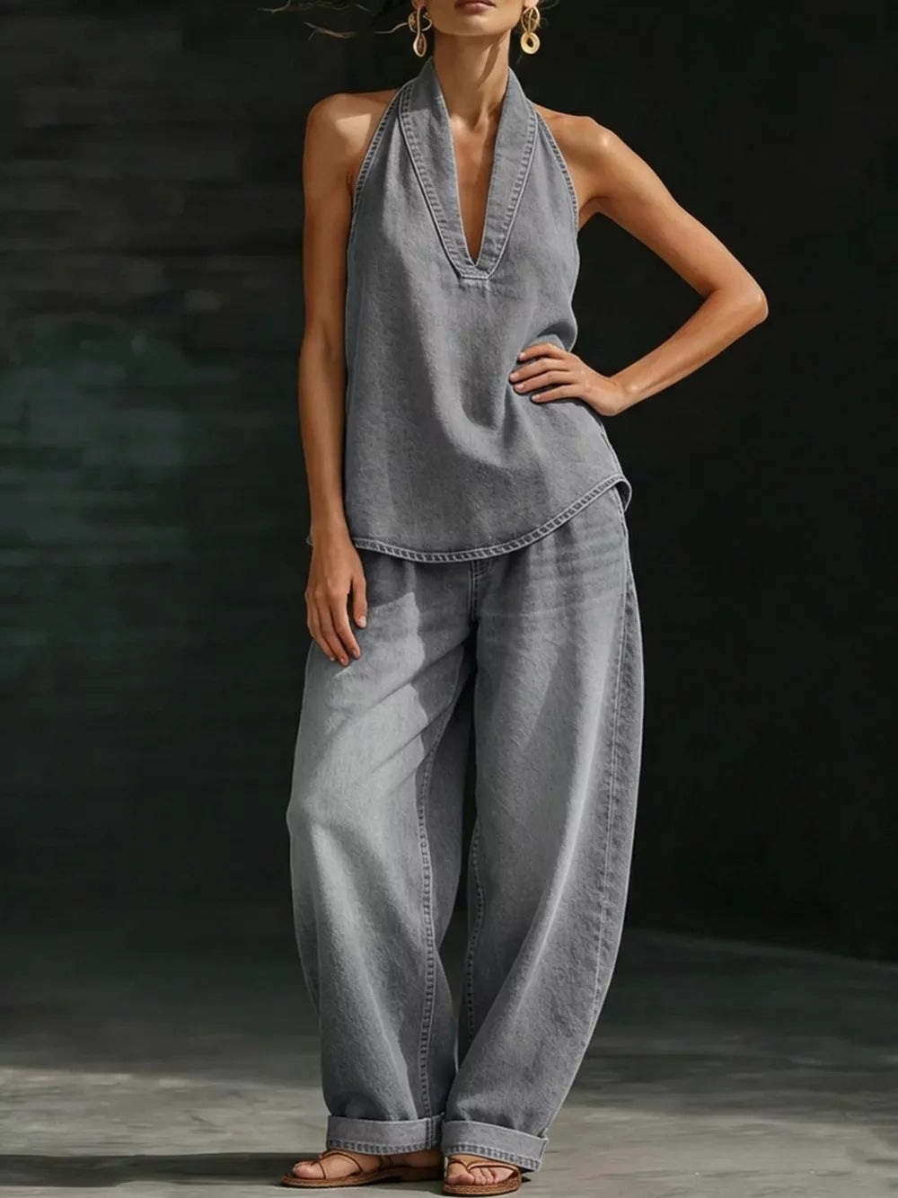 Gray halter neck top and wide-leg pants outfit set with deep V-neck and ankle cuffs.