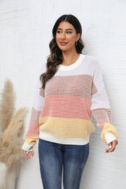 Horizontal stripe waffle knit pullover sweater with crew neck and long sleeves.