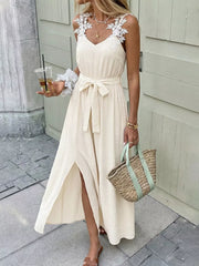 Beige lace-trimmed V-neck maxi dress with tie waist and high slit