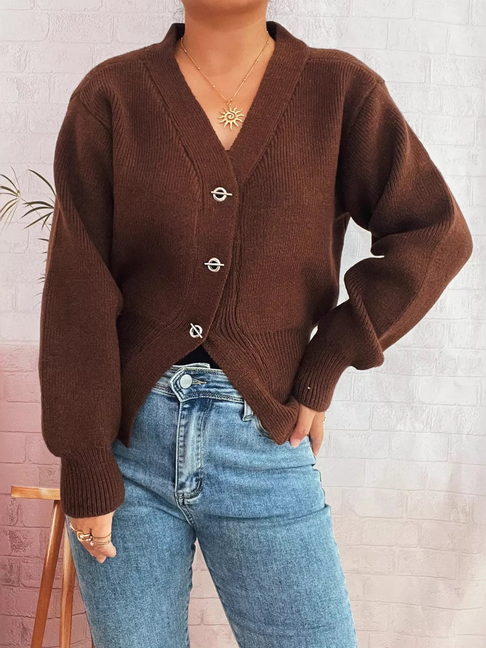 Brown ribbed V-neck button-through cardigan with silver buttons