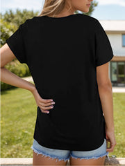 Black relaxed fit tee with short sleeves and slit hem detail.