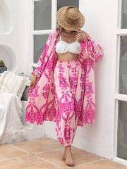 Bohemian paisley lounge set in hot pink with a long kimono and cropped pants.