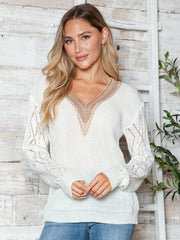 White openwork knit sweater with lace trim V-neck and long sleeves.