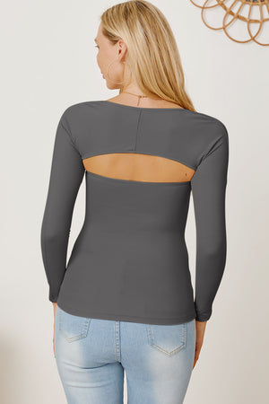Dark gray long sleeve bodysuit with open back detail