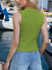 Lime ribbed knit tank top with button front detail and mock neck.