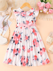 Toddler floral print dress with ruffle cap sleeves, pink bow, and pleated skirt.
