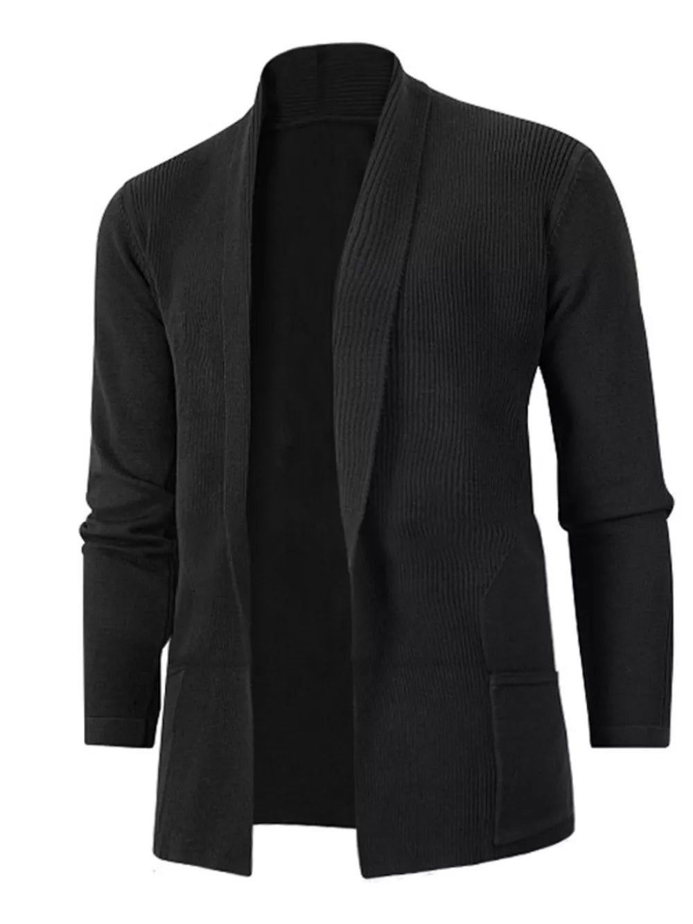 Men's black open-front ribbed cardigan with shawl collar and pockets.