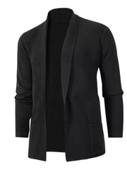Men's black open-front ribbed cardigan with shawl collar and pockets.