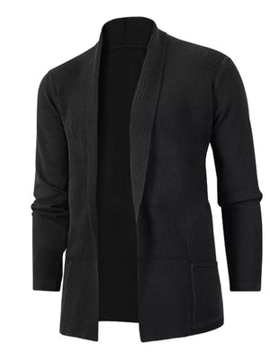 Men's black open-front ribbed cardigan with shawl collar and pockets.