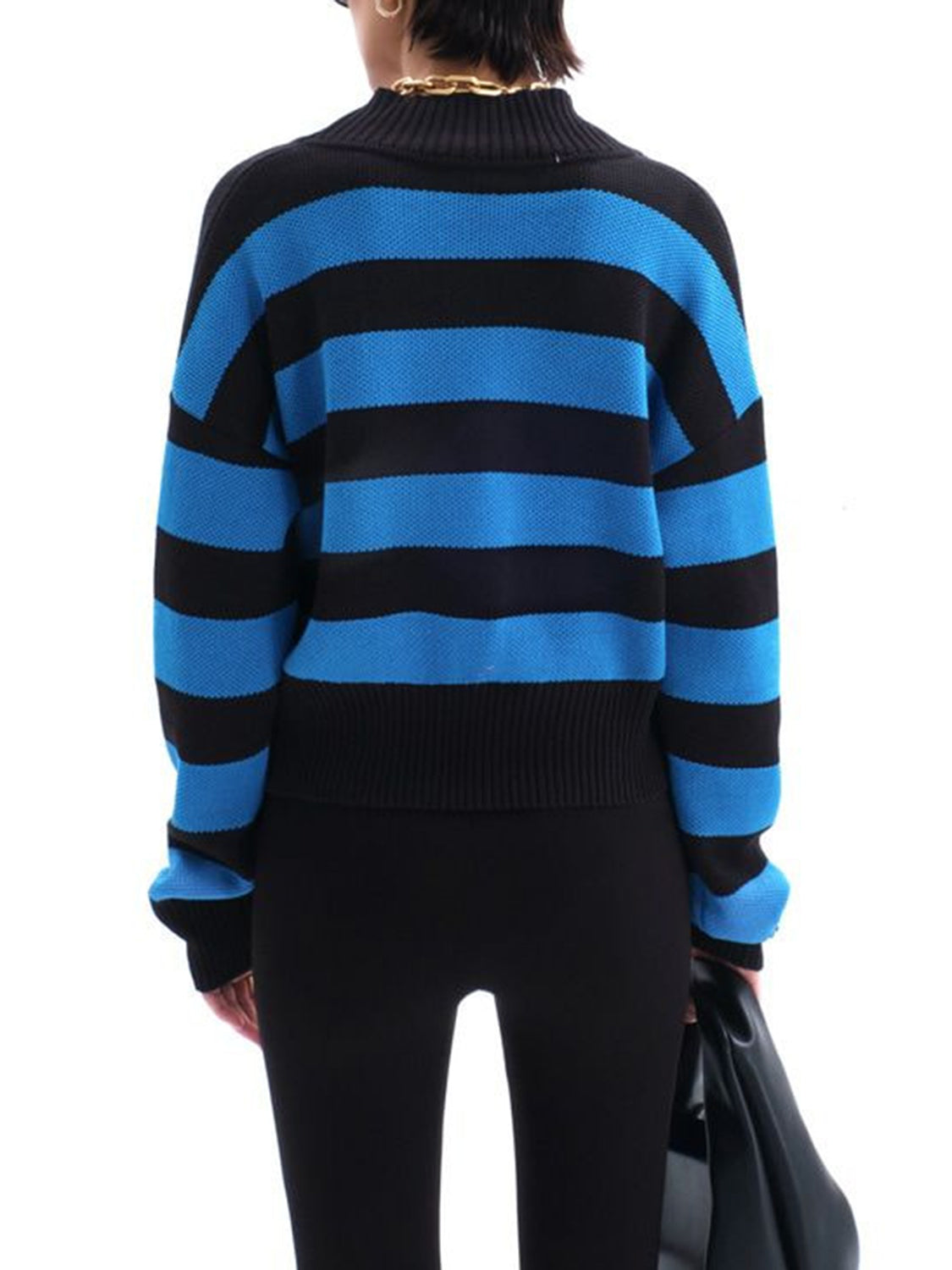Cropped stripe knit cardigan in blue and black acrylic with a mock neck and ribbed cuffs.