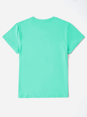 Aqua crewneck t-shirt with short sleeves and a relaxed fit.