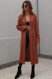 Brown textured knit maxi cardigan with open front and long sleeves.