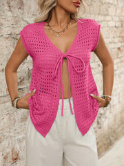 Fuchsia pink open-knit sleeveless cardigan with tie-front and v-neck