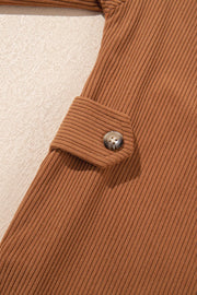 Caramel corduroy shirting jacket with button detail and gathered sleeve cuff.