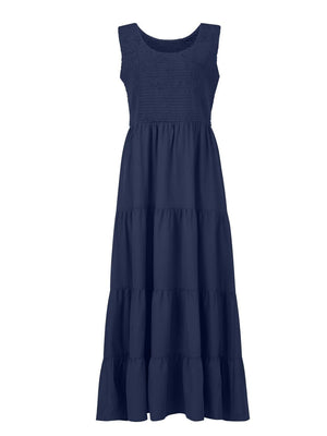 Dark Blue smocked bodice ruffled maxi dress with tiered skirt.