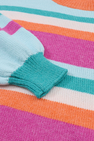 Rainbow stripe knit sweater with balloon sleeves and ribbed cuffs in acrylic.