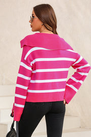 Hot pink and white striped knit pullover sweater with a wide collar.