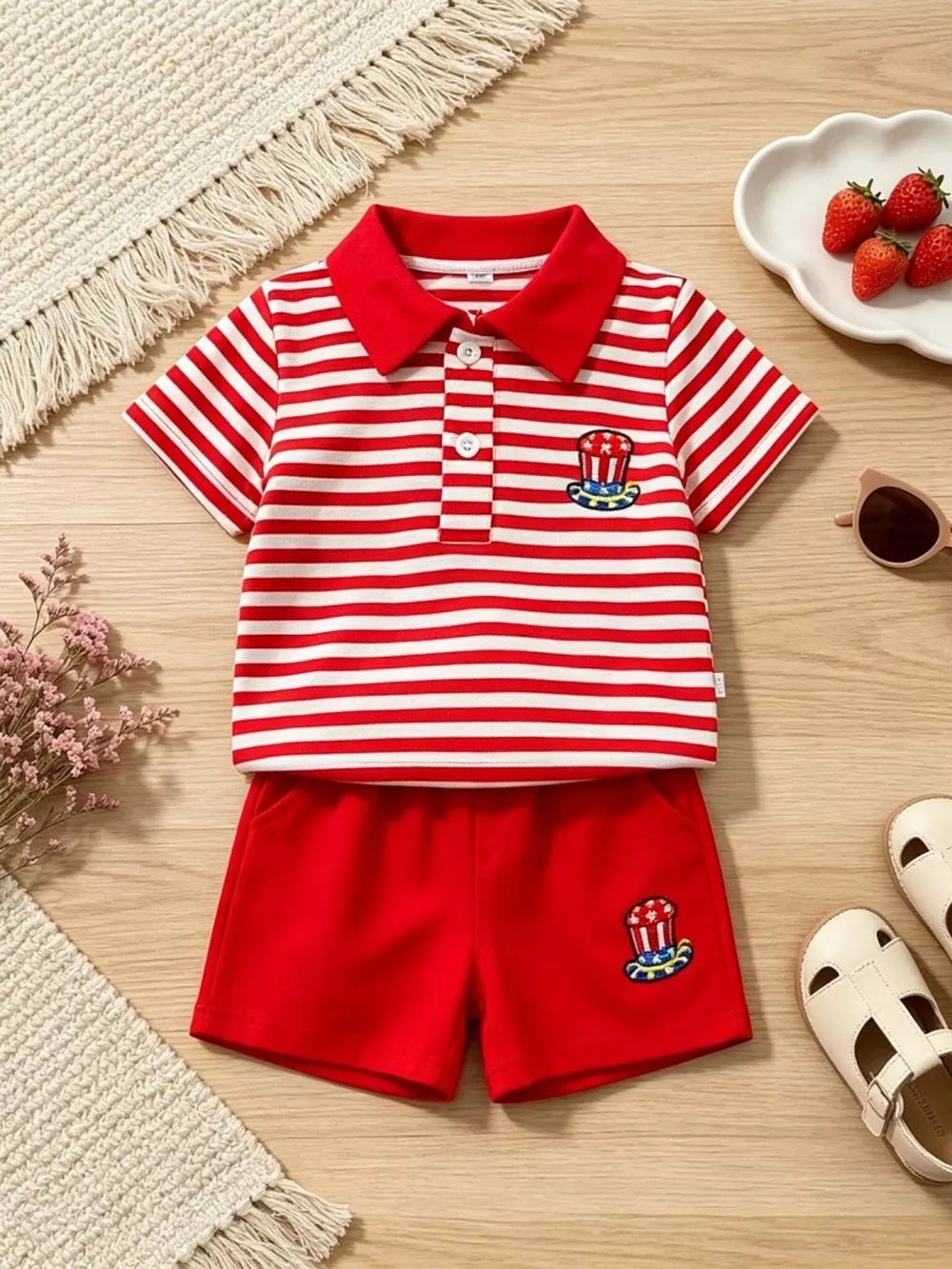 Red and white striped polo with patriotic hat embroidery and matching red shorts.