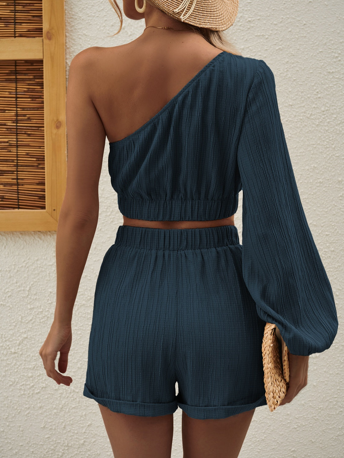 Textured one-shoulder crop top and cuffed shorts set in Royal Blue