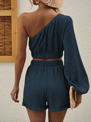Textured one-shoulder crop top and cuffed shorts set in Royal Blue