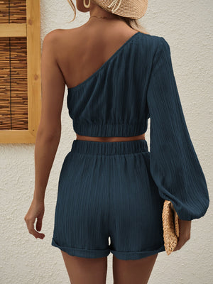 Textured one-shoulder crop top and cuffed shorts set in Royal Blue