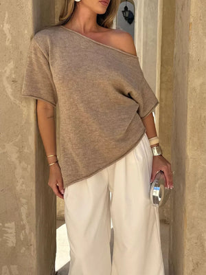 One Shoulder Short Sleeve Knit Top in Khaki, close-up detail