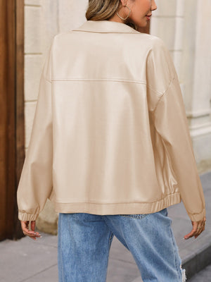 Earthy faux leather bomber jacket in tan with a relaxed fit and elasticated cuffs and hem.