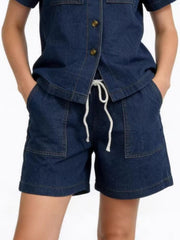 Dark blue denim button-up top and shorts set with drawstring waist and patch pockets.