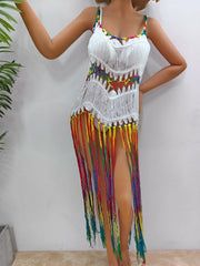 White crochet cover-up dress with rainbow fringe and colorful straps.