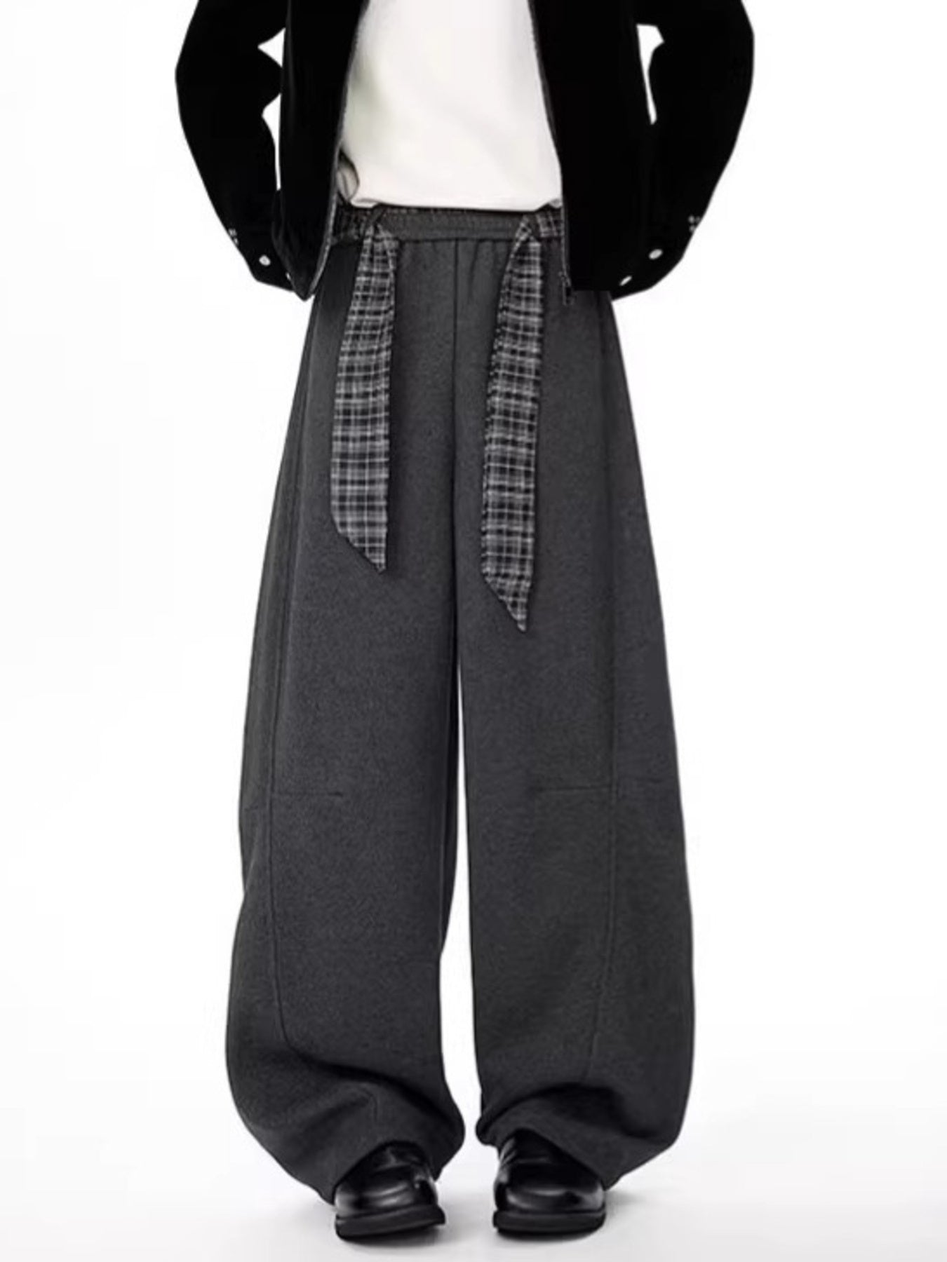 Men's gray relaxed fit wide-leg sweatpants with a plaid tie belt.