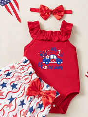 Red patriotic baby set with car graphic bodysuit and star print bloomer shorts.