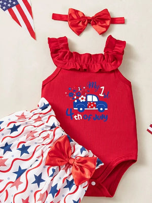 Red patriotic baby set with car graphic bodysuit and star print bloomer shorts.