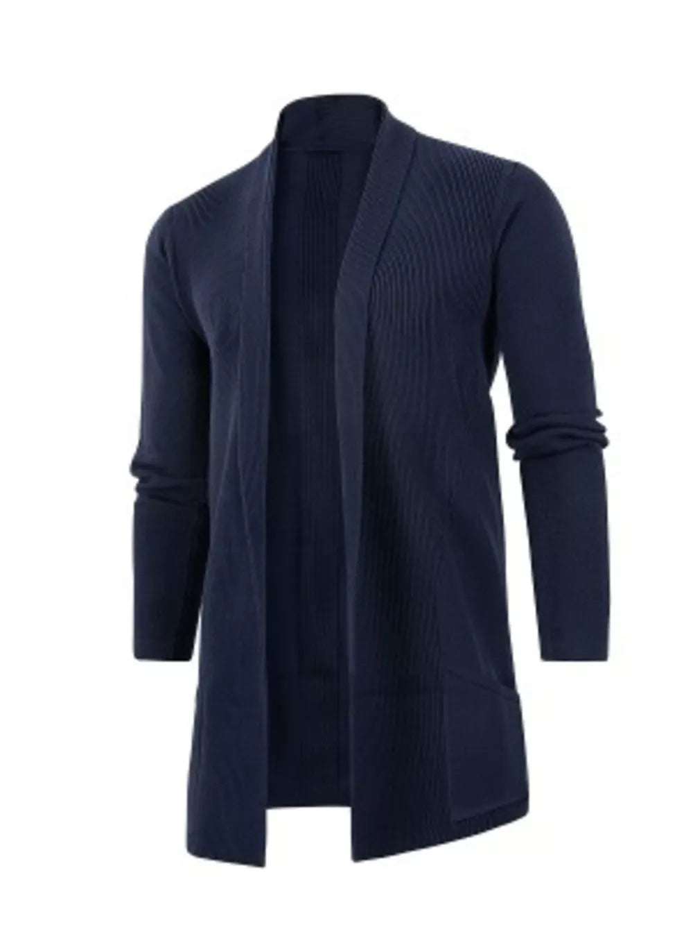 Navy blue heathered longline cardigan with pockets and ribbed texture.