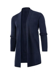 Navy blue heathered longline cardigan with pockets and ribbed texture.