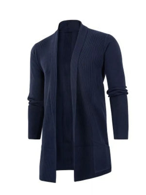 Navy blue heathered longline cardigan with pockets and ribbed texture.